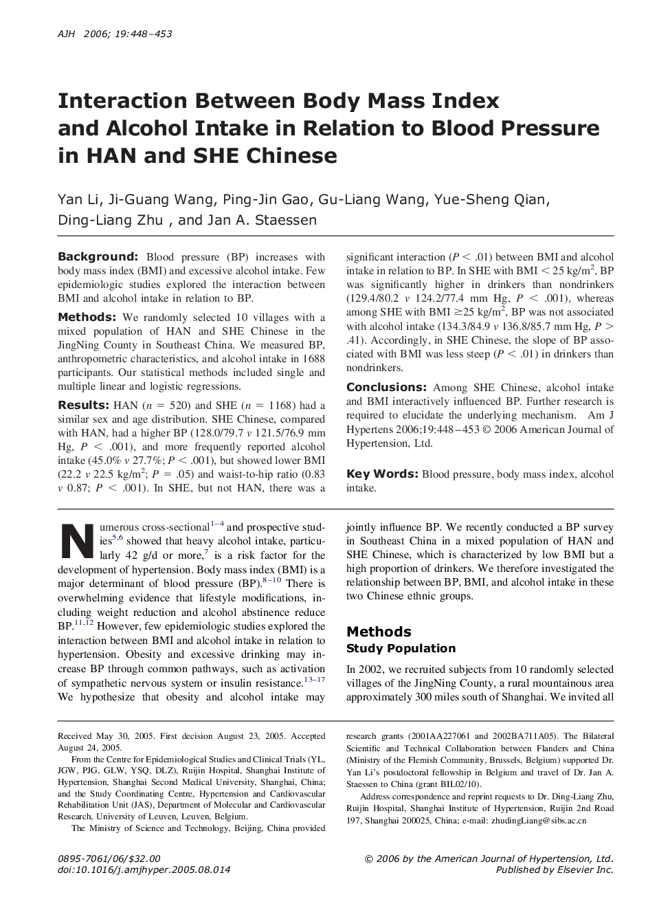 Interaction Between Body Mass Index and Alcohol Intake in Relation to Blood Pressure in HAN and SHE Chinese