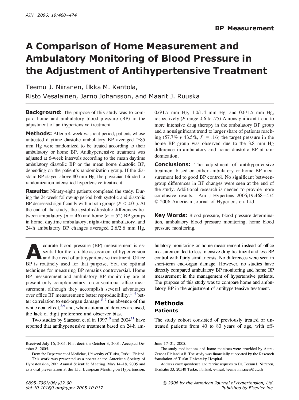 A Comparison of Home Measurement and Ambulatory Monitoring of Blood Pressure in the Adjustment of Antihypertensive Treatment