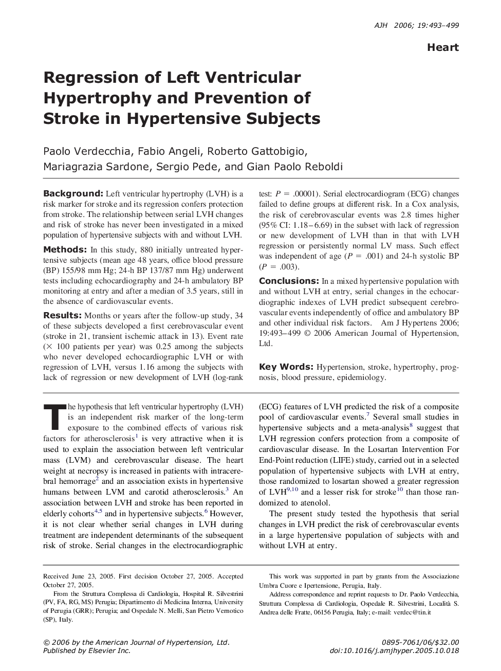 Regression of Left Ventricular Hypertrophy and Prevention of Stroke in Hypertensive Subjects