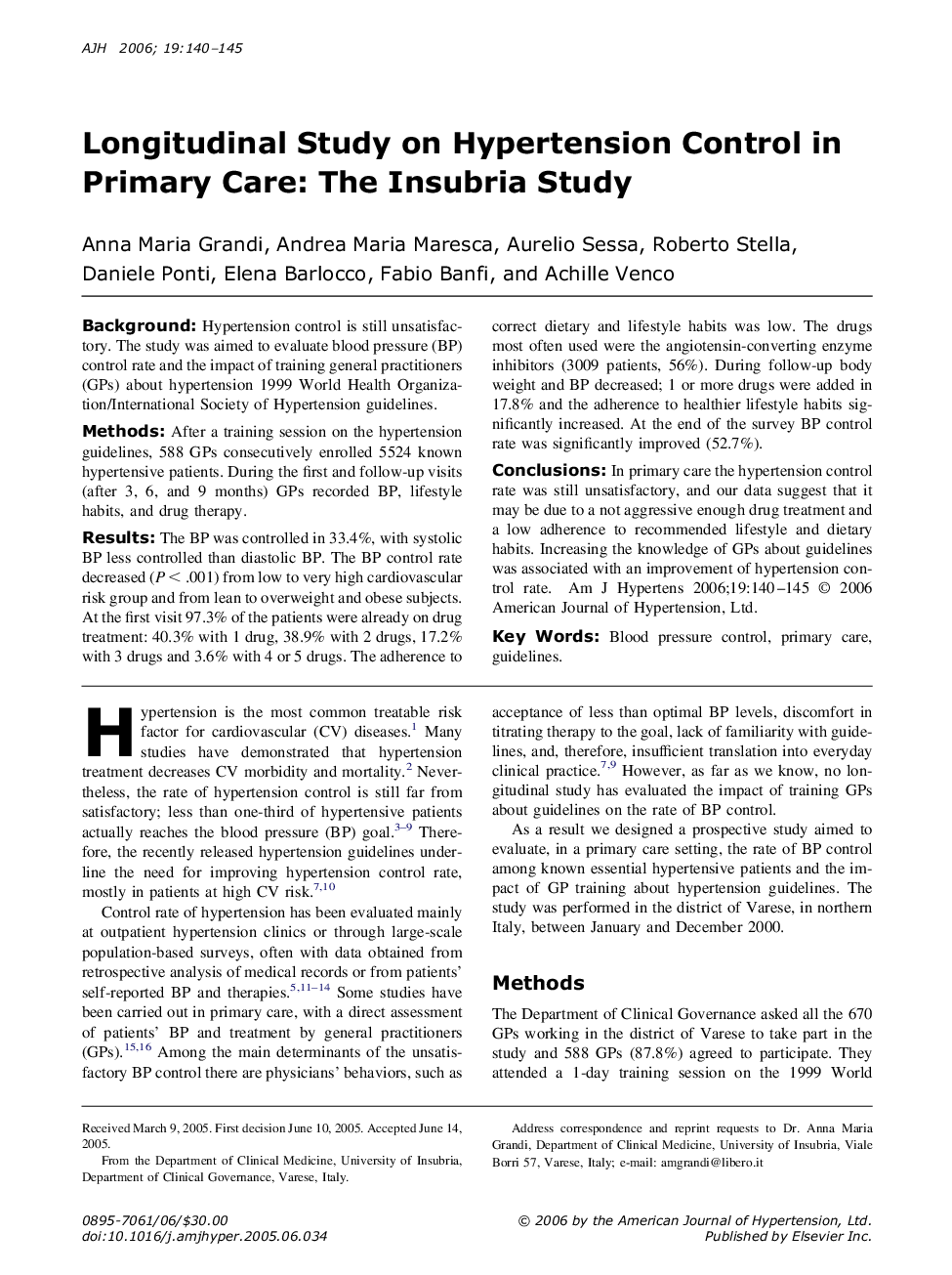 Longitudinal Study on Hypertension Control in Primary Care: The Insubria Study