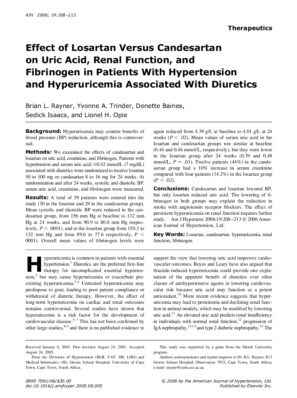 Effect of Losartan Versus Candesartan on Uric Acid, Renal Function, and Fibrinogen in Patients With Hypertension and Hyperuricemia Associated With Diuretics