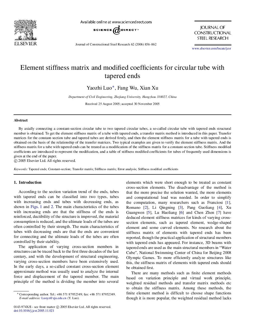 Element stiffness matrix and modified coefficients for circular tube with tapered ends