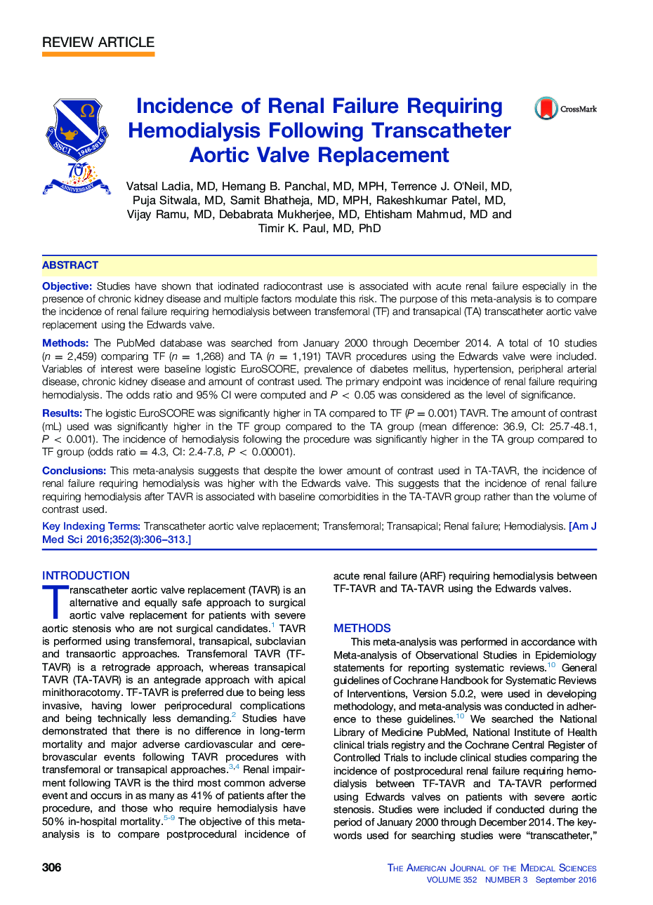 Incidence of Renal Failure Requiring Hemodialysis Following Transcatheter Aortic Valve Replacement 