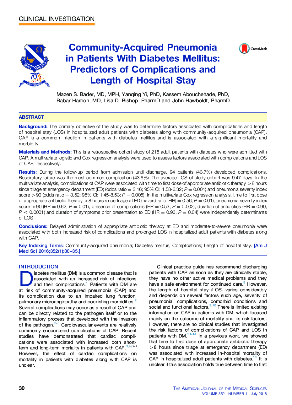 Community-Acquired Pneumonia in Patients With Diabetes Mellitus: Predictors of Complications and Length of Hospital Stay 