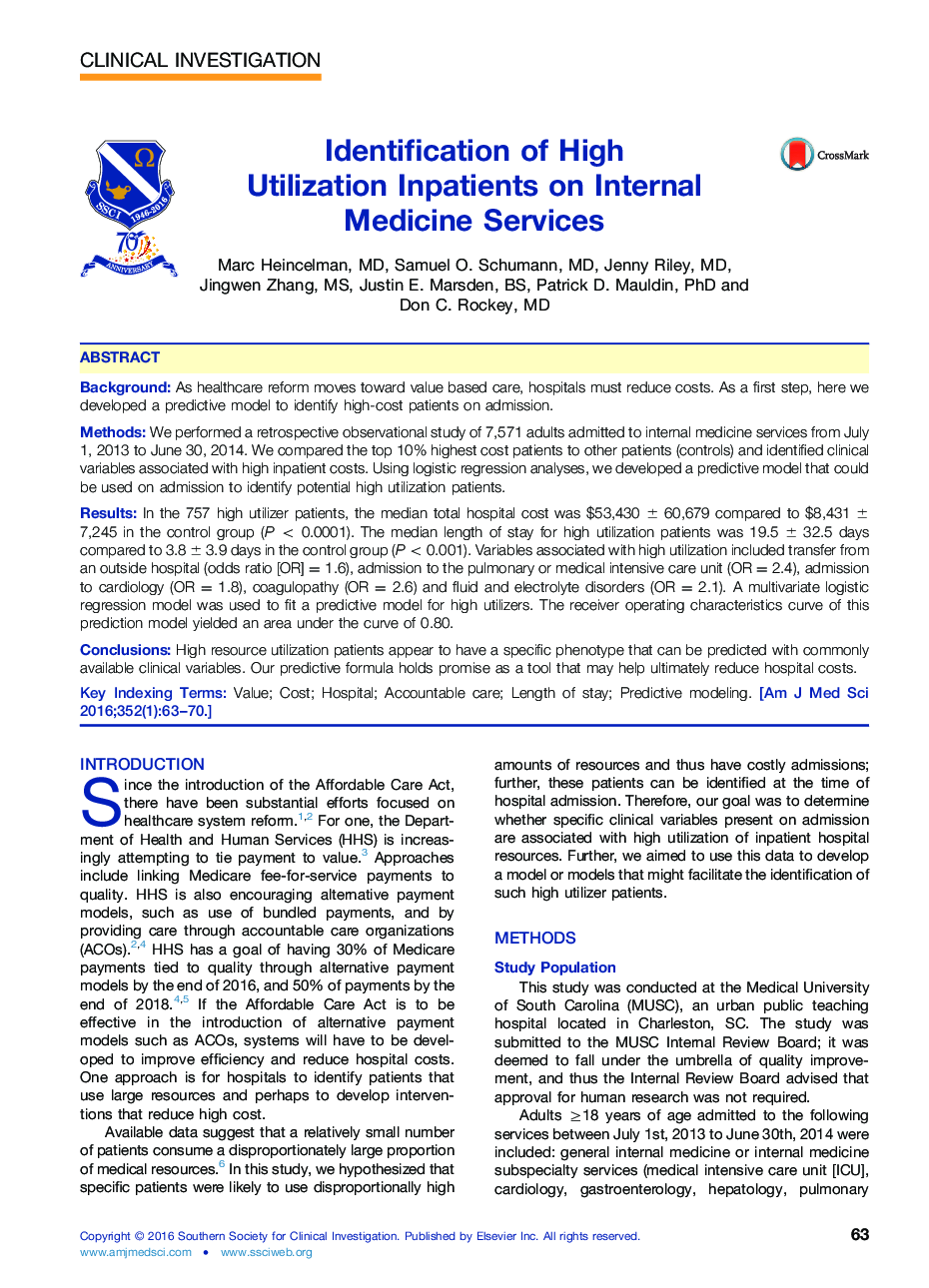 Identification of High Utilization Inpatients on Internal Medicine Services 