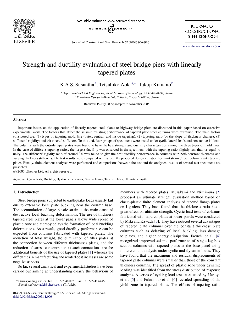 Strength and ductility evaluation of steel bridge piers with linearly tapered plates