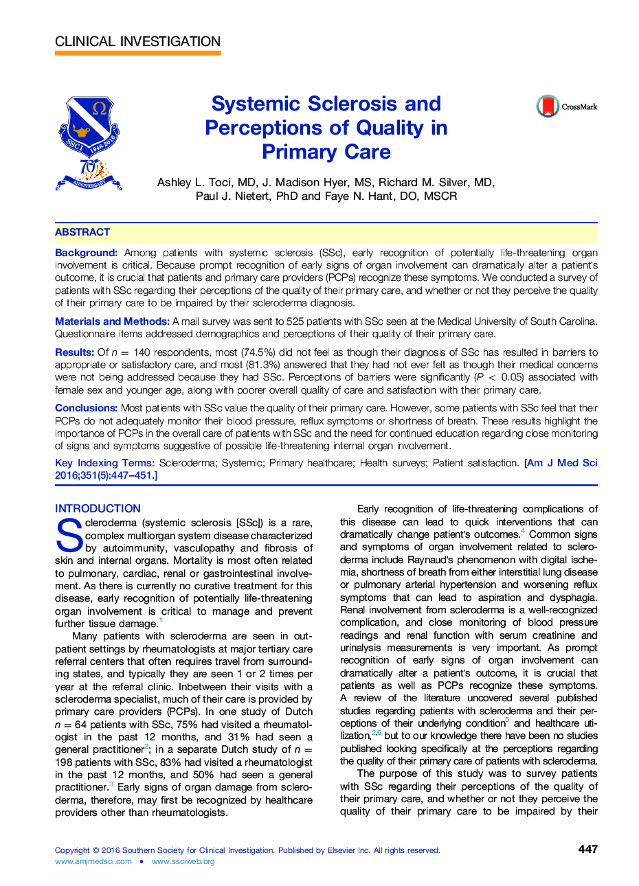 Systemic Sclerosis and Perceptions of Quality in Primary Care 