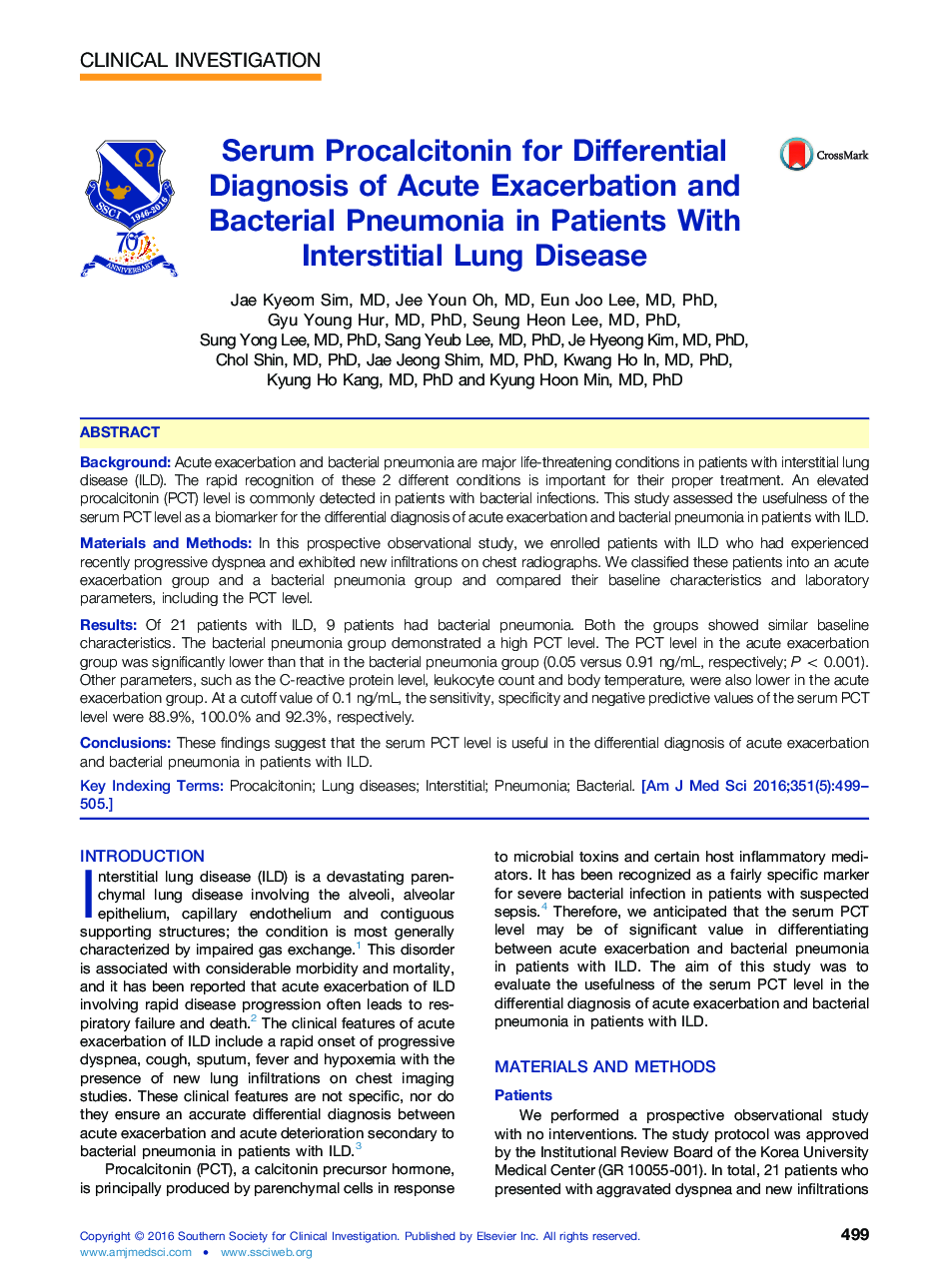 Serum Procalcitonin for Differential Diagnosis of Acute Exacerbation and Bacterial Pneumonia in Patients With Interstitial Lung Disease