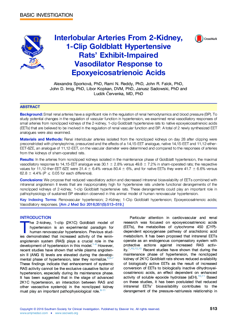 Interlobular Arteries From 2-Kidney, 1-Clip Goldblatt Hypertensive Rats’ Exhibit-Impaired Vasodilator Response to Epoxyeicosatrienoic Acids 