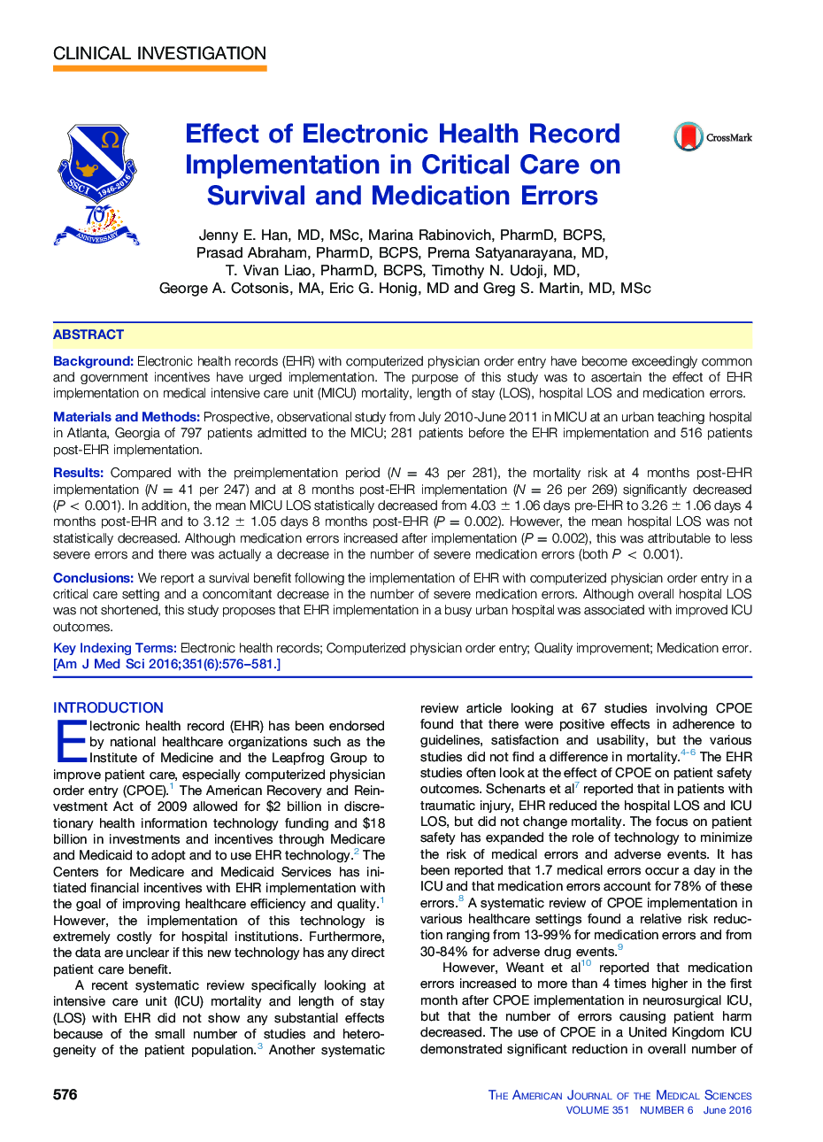 Effect of Electronic Health Record Implementation in Critical Care on Survival and Medication Errors