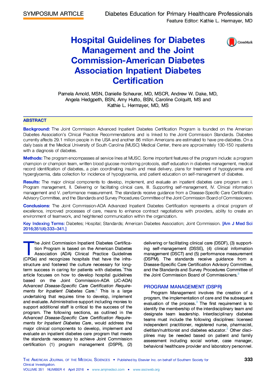 Hospital Guidelines for Diabetes Management and the Joint Commission-American Diabetes Association Inpatient Diabetes Certification 