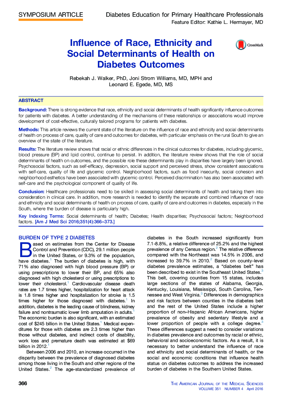 Influence of Race, Ethnicity and Social Determinants of Health on Diabetes Outcomes 