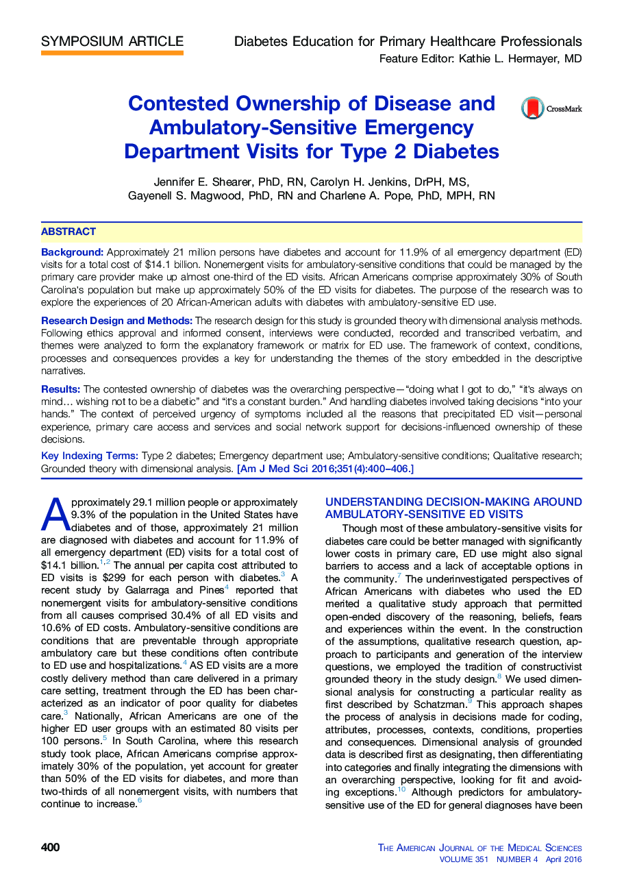 Contested Ownership of Disease and Ambulatory-Sensitive Emergency Department Visits for Type 2 Diabetes 