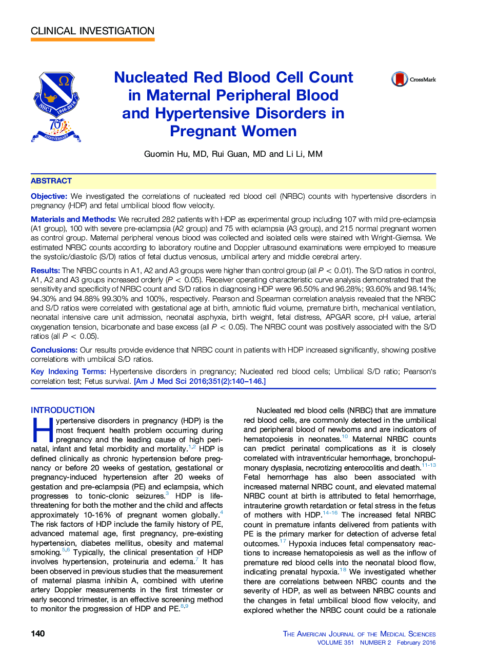 Nucleated Red Blood Cell Count in Maternal Peripheral Blood and Hypertensive Disorders in Pregnant Women 