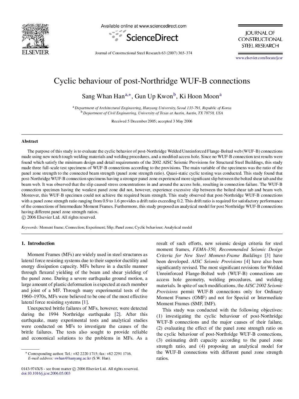Cyclic behaviour of post-Northridge WUF-B connections