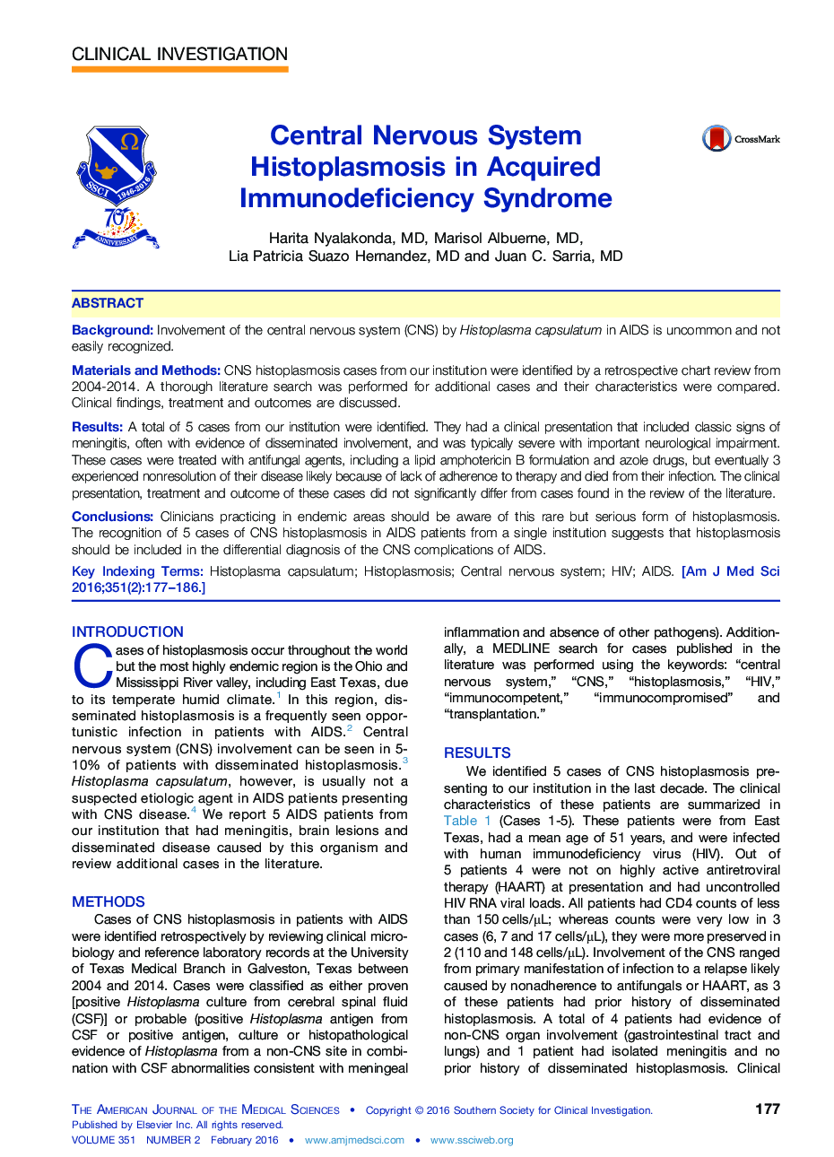 Central Nervous System Histoplasmosis in Acquired Immunodeficiency Syndrome 