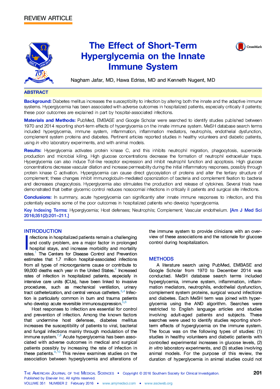 The Effect of Short-Term Hyperglycemia on the Innate Immune System 