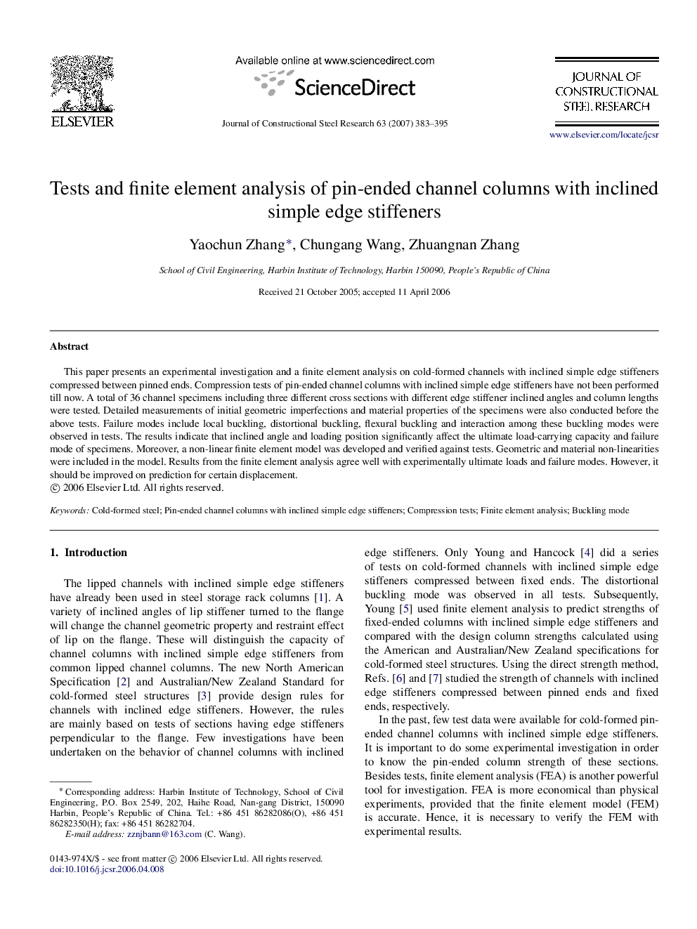 Tests and finite element analysis of pin-ended channel columns with inclined simple edge stiffeners