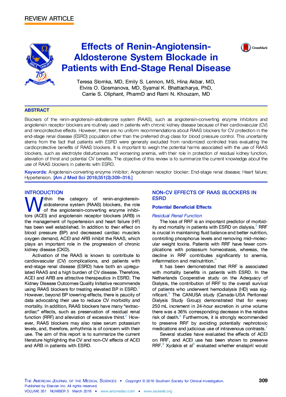 Effects of Renin-Angiotensin-Aldosterone System Blockade in Patients with End-Stage Renal Disease 