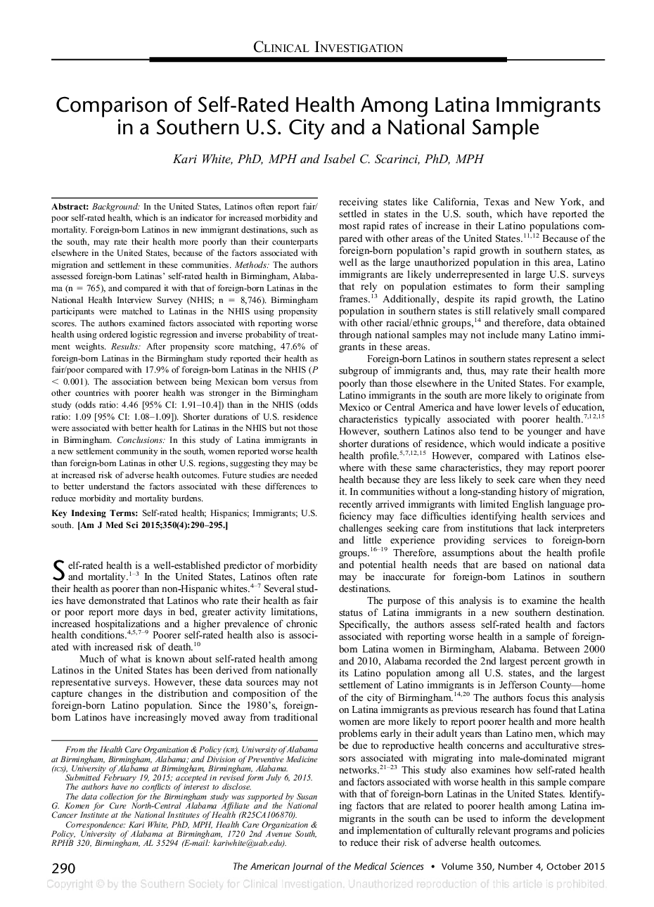 Comparison of Self-Rated Health Among Latina Immigrants in a Southern U.S. City and a National Sample