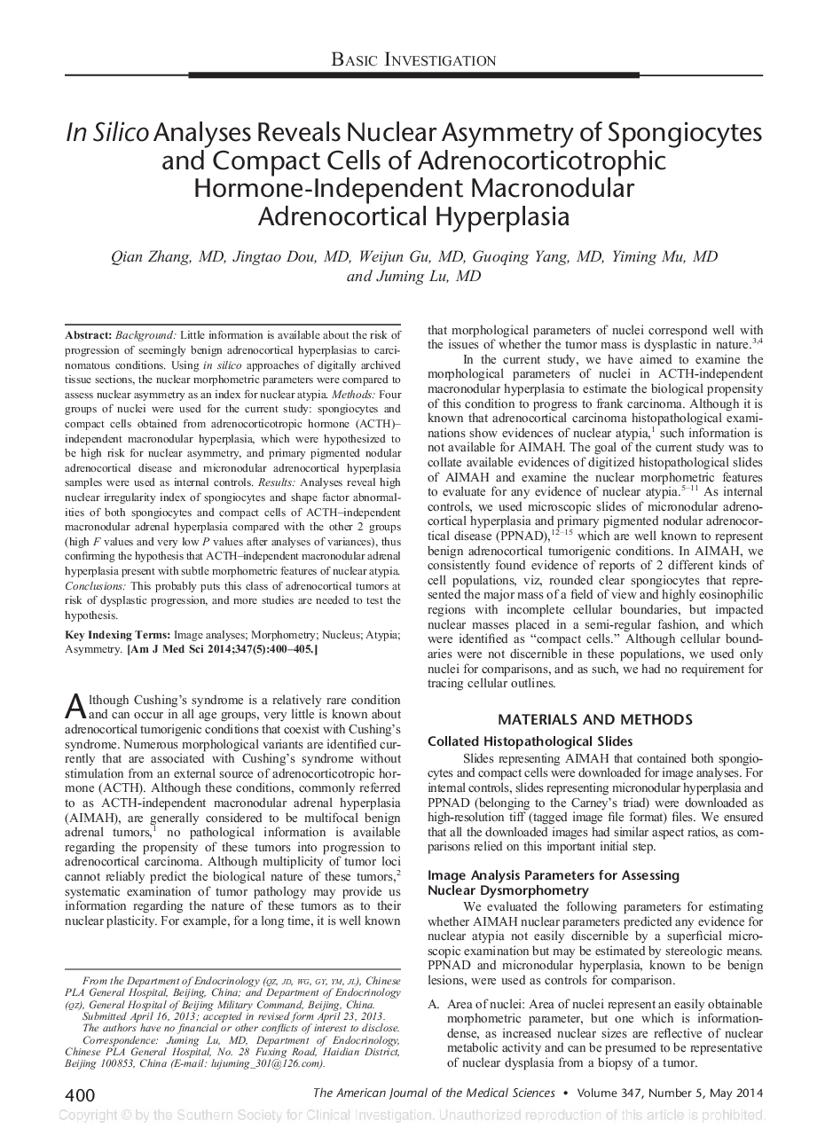 In Silico Analyses Reveals Nuclear Asymmetry of Spongiocytes and Compact Cells of Adrenocorticotrophic Hormone-Independent Macronodular Adrenocortical Hyperplasia