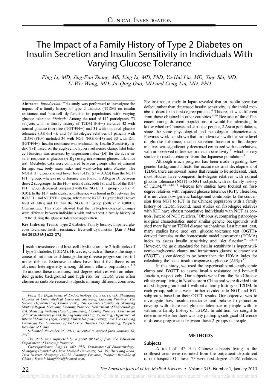 The Impact of a Family History of Type 2 Diabetes on Insulin Secretion and Insulin Sensitivity in Individuals With Varying Glucose Tolerance