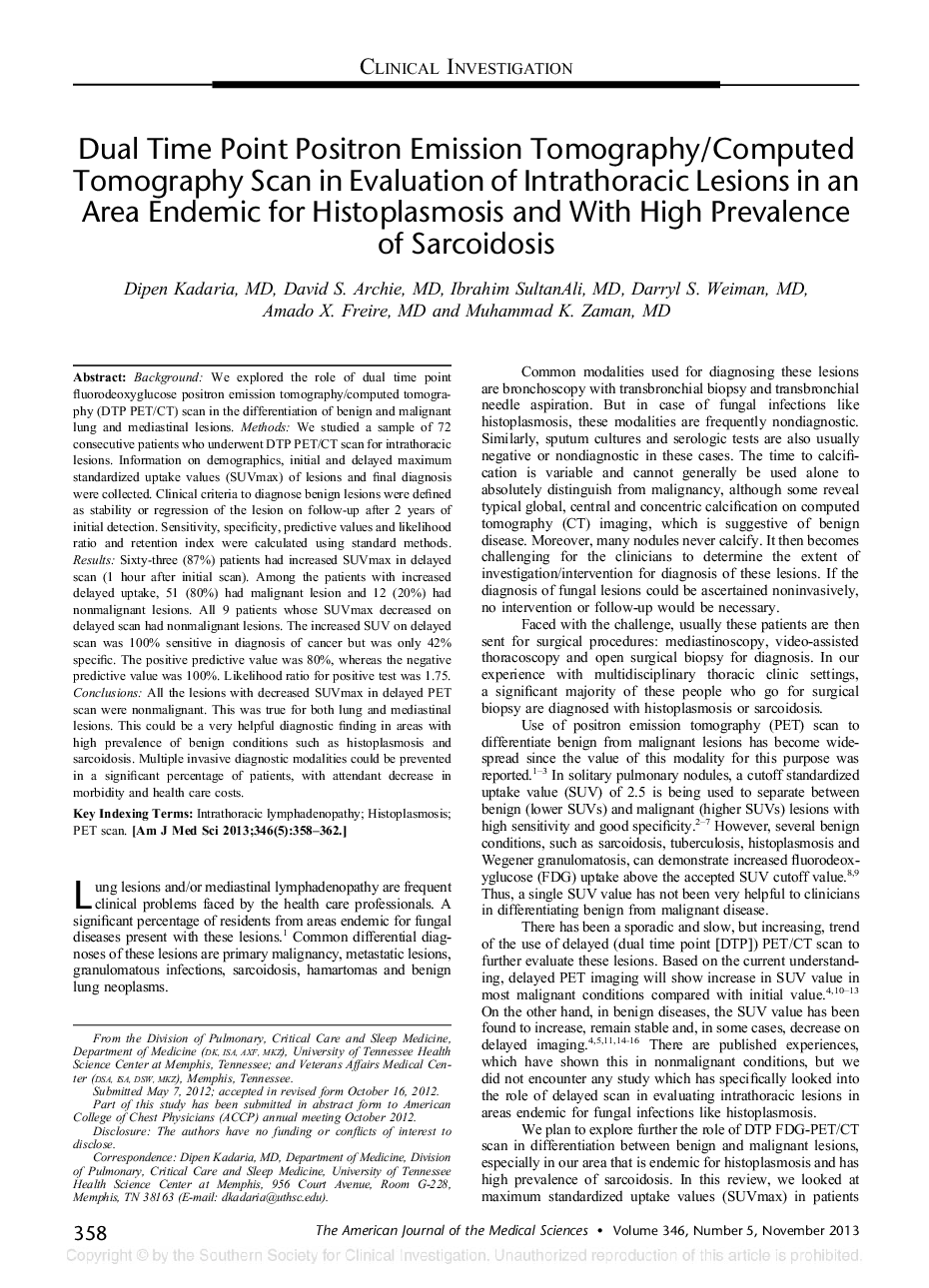 Dual Time Point Positron Emission Tomography/Computed Tomography Scan in Evaluation of Intrathoracic Lesions in an Area Endemic for Histoplasmosis and With High Prevalence of Sarcoidosis 