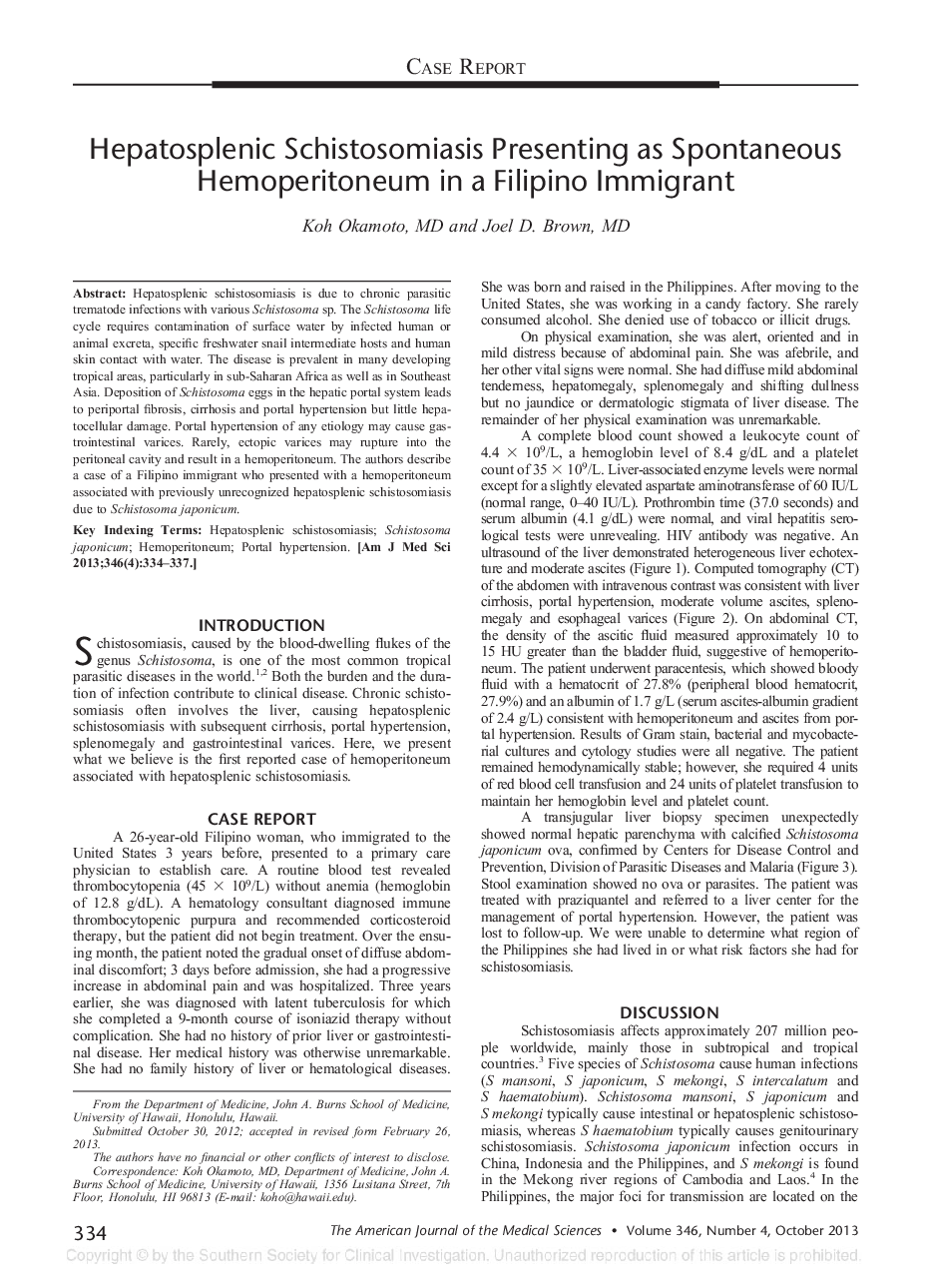 Hepatosplenic Schistosomiasis Presenting as Spontaneous Hemoperitoneum in a Filipino Immigrant