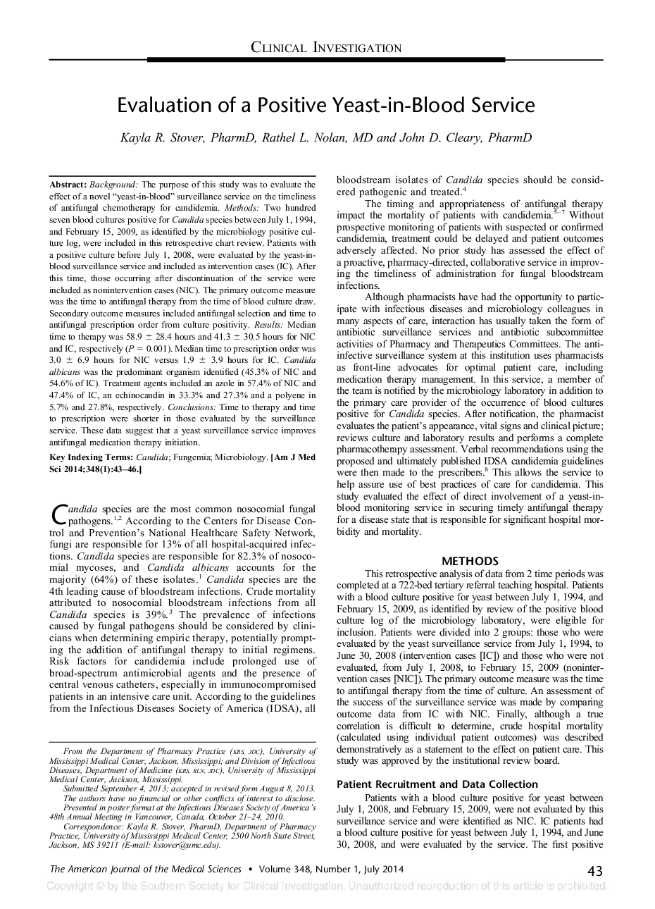 Evaluation of a Positive Yeast-in-Blood Service 