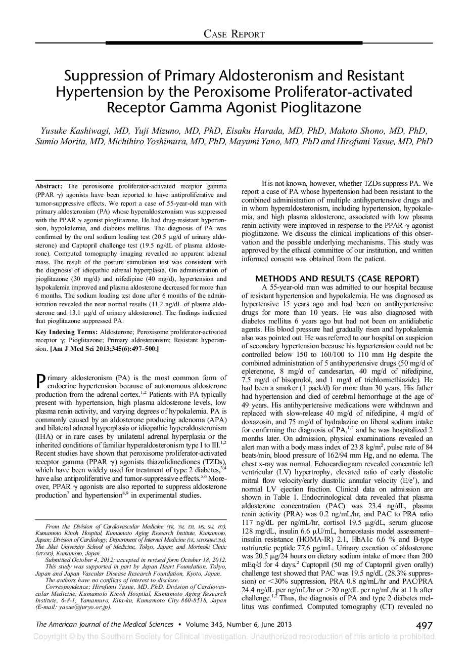 Suppression of Primary Aldosteronism and Resistant Hypertension by the Peroxisome Proliferator-activated Receptor Gamma Agonist Pioglitazone