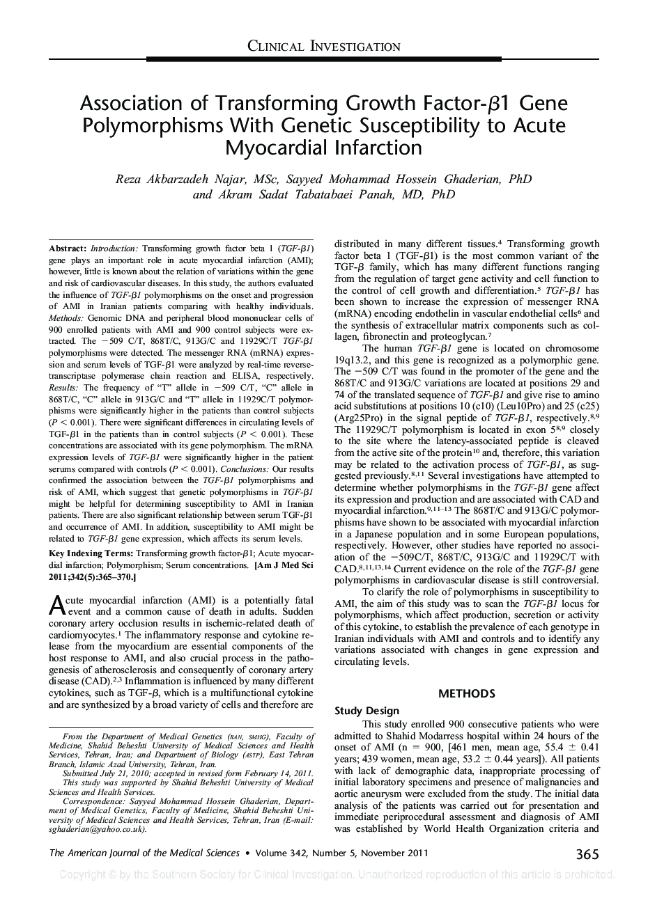 Association of Transforming Growth Factor-Î²1 Gene Polymorphisms With Genetic Susceptibility to Acute Myocardial Infarction