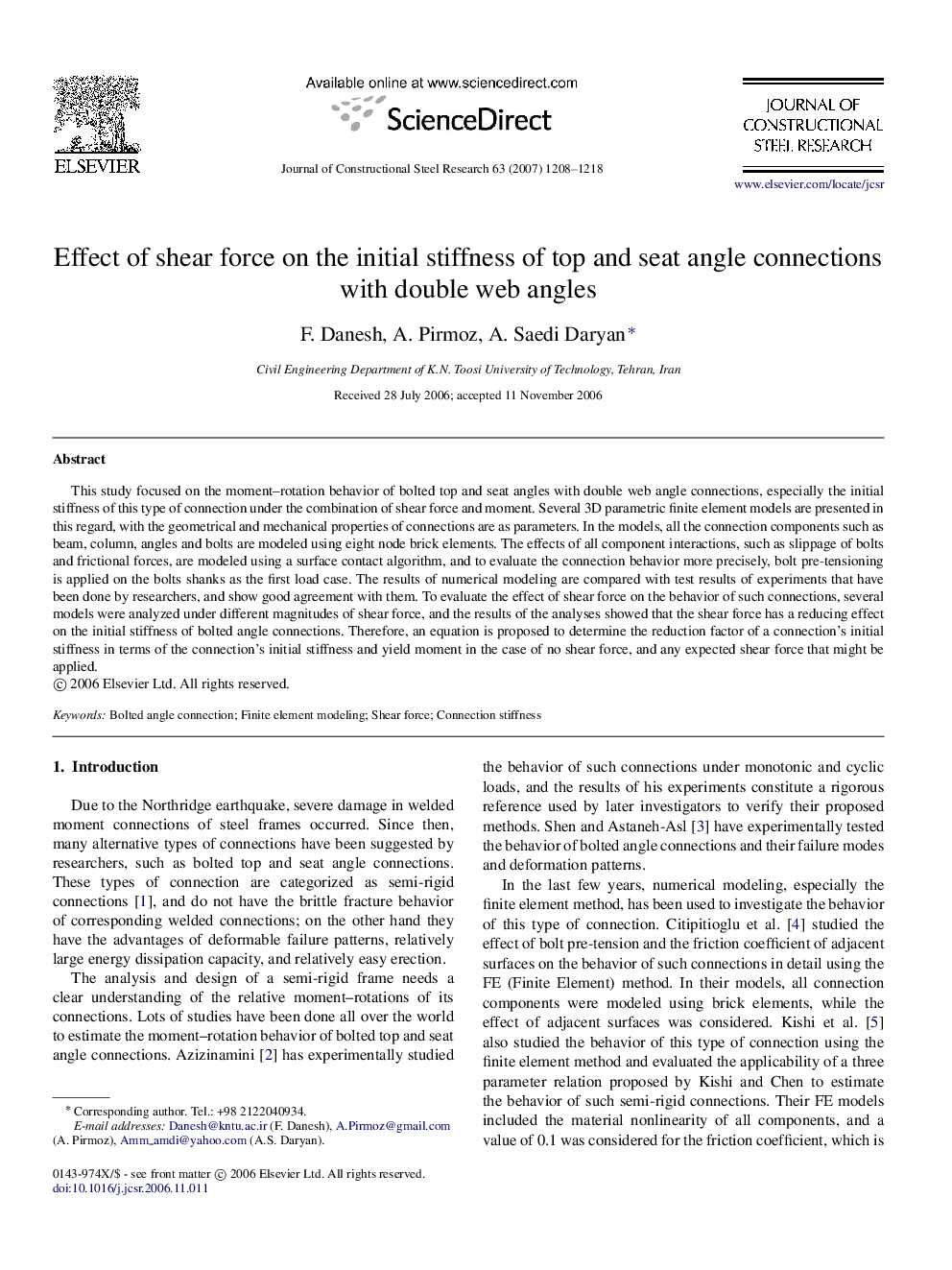 Effect of shear force on the initial stiffness of top and seat angle connections with double web angles