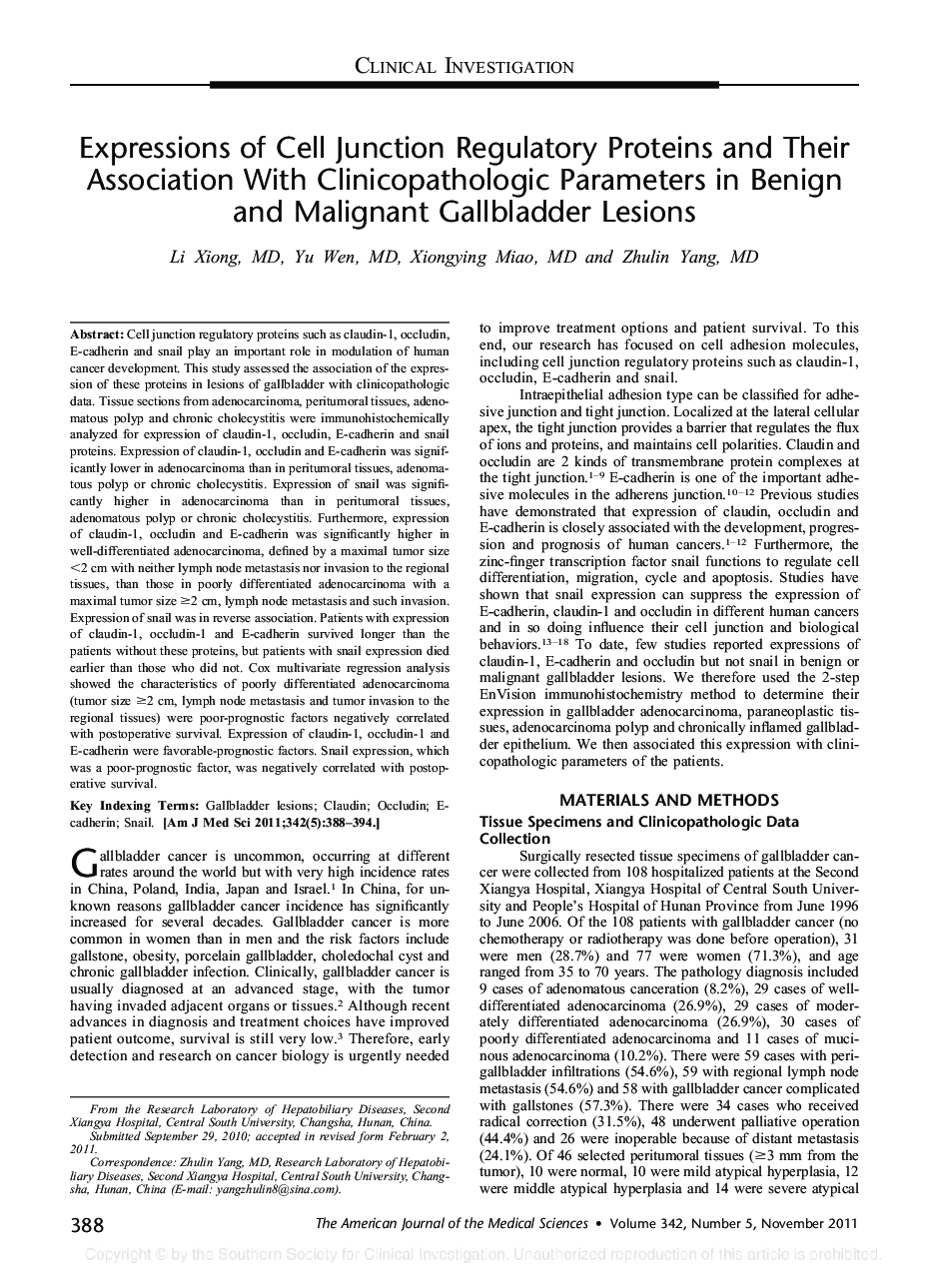 Expressions of Cell Junction Regulatory Proteins and Their Association With Clinicopathologic Parameters in Benign and Malignant Gallbladder Lesions