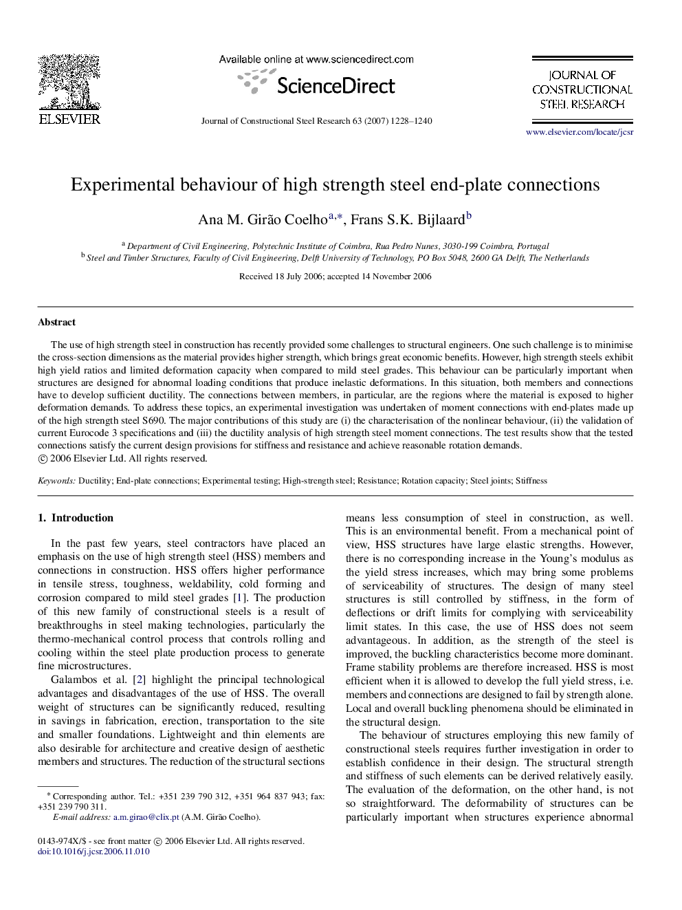 Experimental behaviour of high strength steel end-plate connections