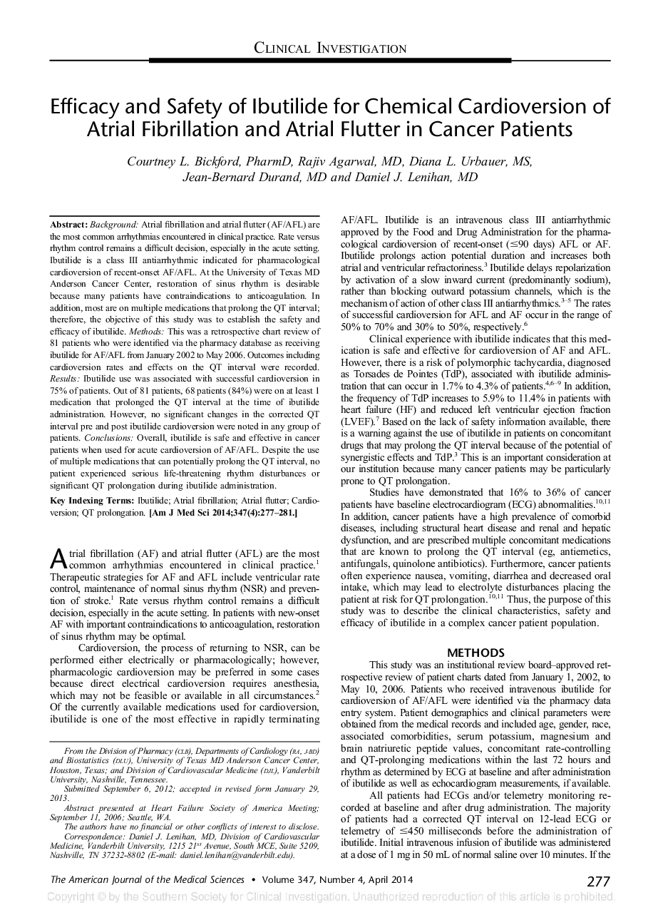 Efficacy and Safety of Ibutilide for Chemical Cardioversion of Atrial Fibrillation and Atrial Flutter in Cancer Patients 