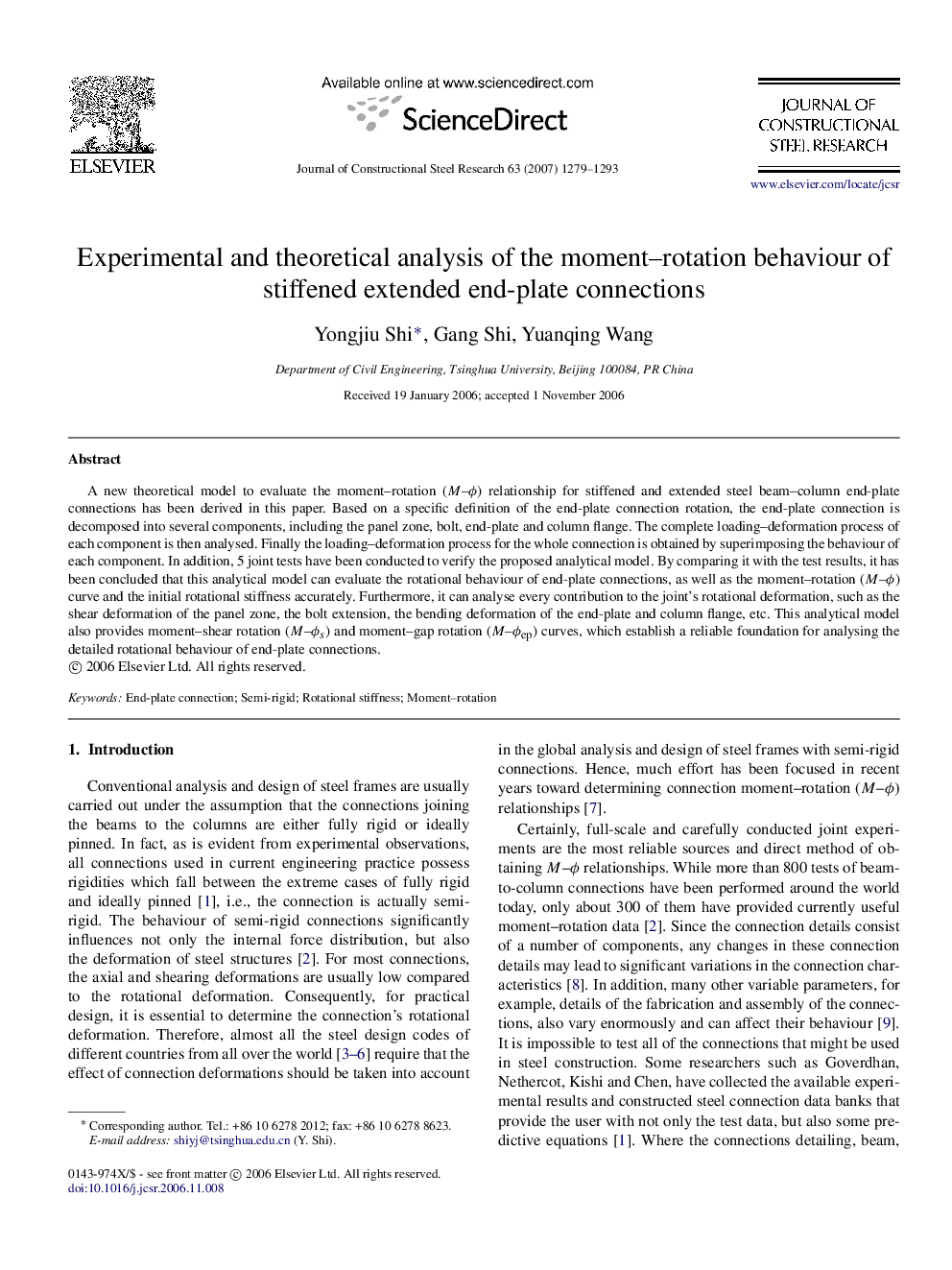 Experimental and theoretical analysis of the moment–rotation behaviour of stiffened extended end-plate connections