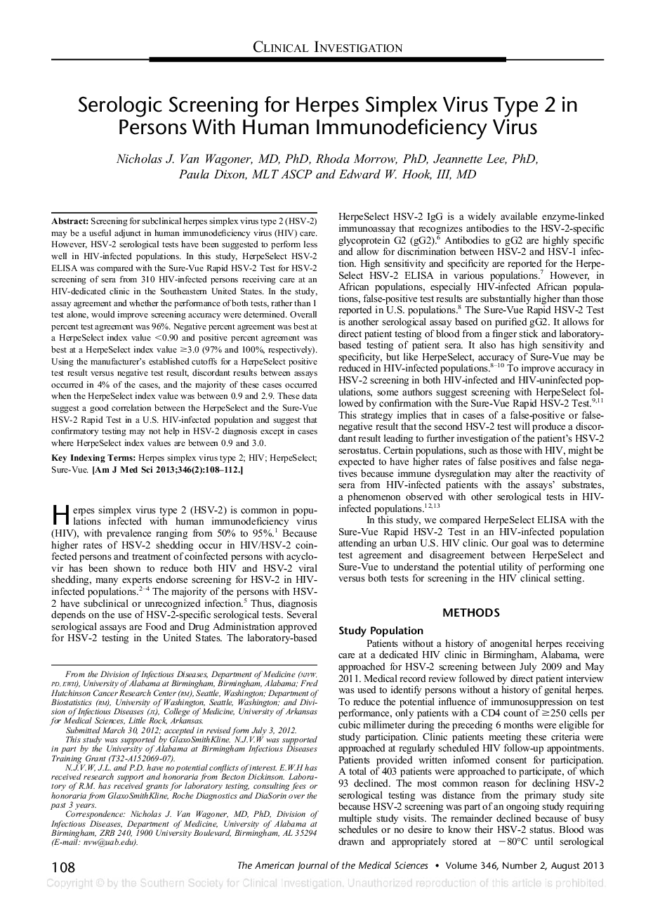 Serologic Screening for Herpes Simplex Virus Type 2 in Persons With Human Immunodeficiency Virus 