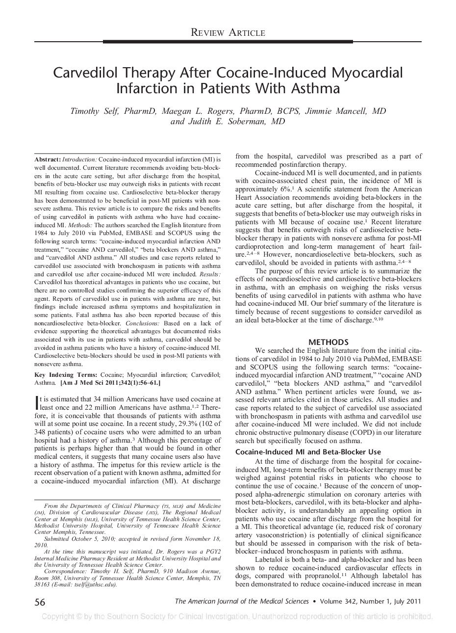 Carvedilol Therapy After Cocaine-Induced Myocardial Infarction in Patients With Asthma