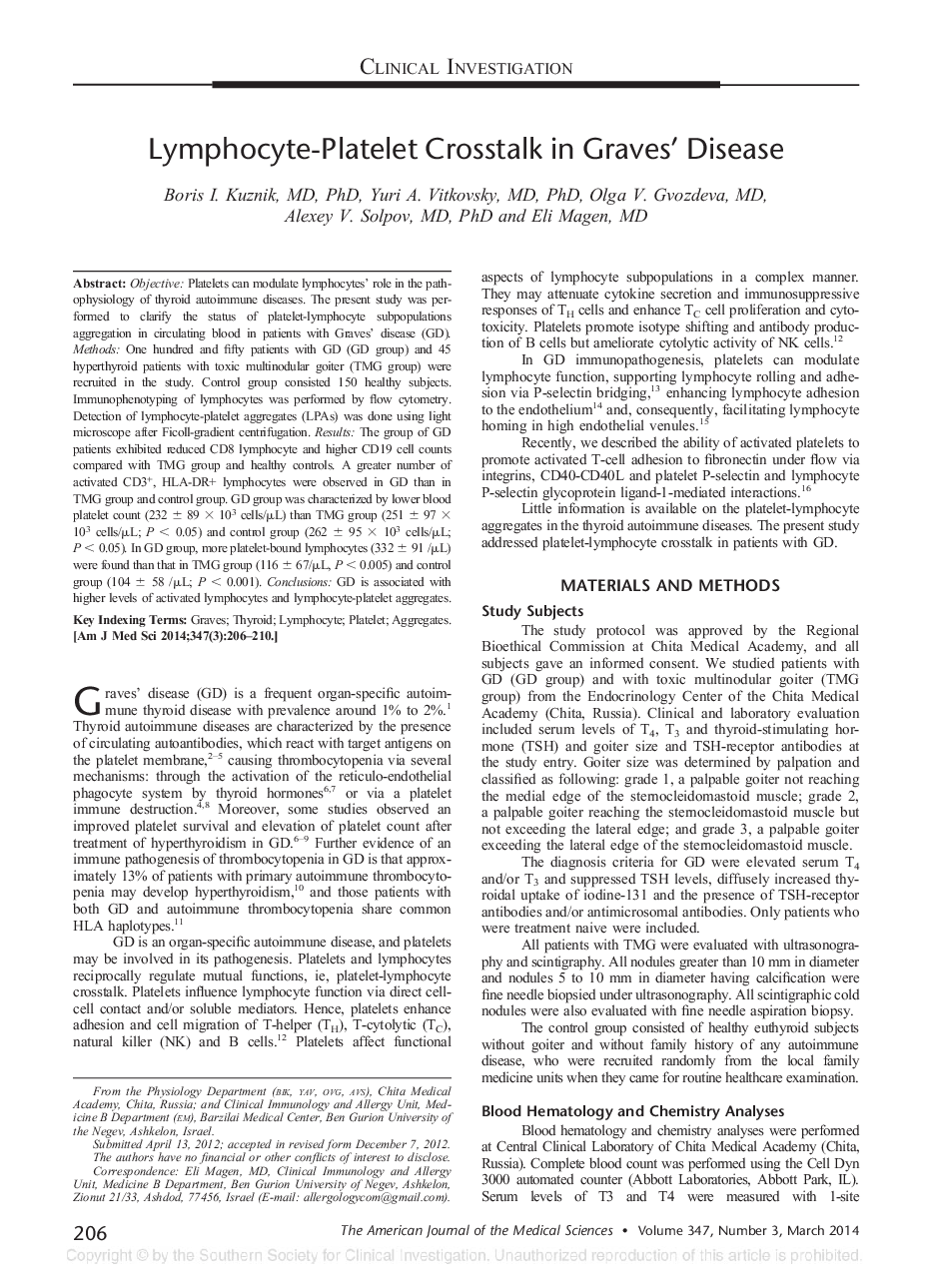 Lymphocyte-Platelet Crosstalk in Graves' Disease