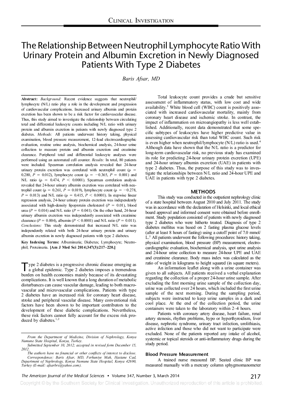 رابطه بین نسبت لنفوسیتهای نوتروفیل با دفع آلبومین پروتئین ادرار در بیماران تازه تشخیص داده شده با دیابت نوع 2 