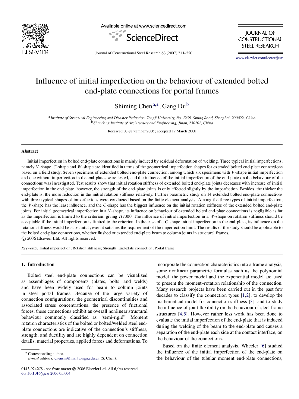 Influence of initial imperfection on the behaviour of extended bolted end-plate connections for portal frames