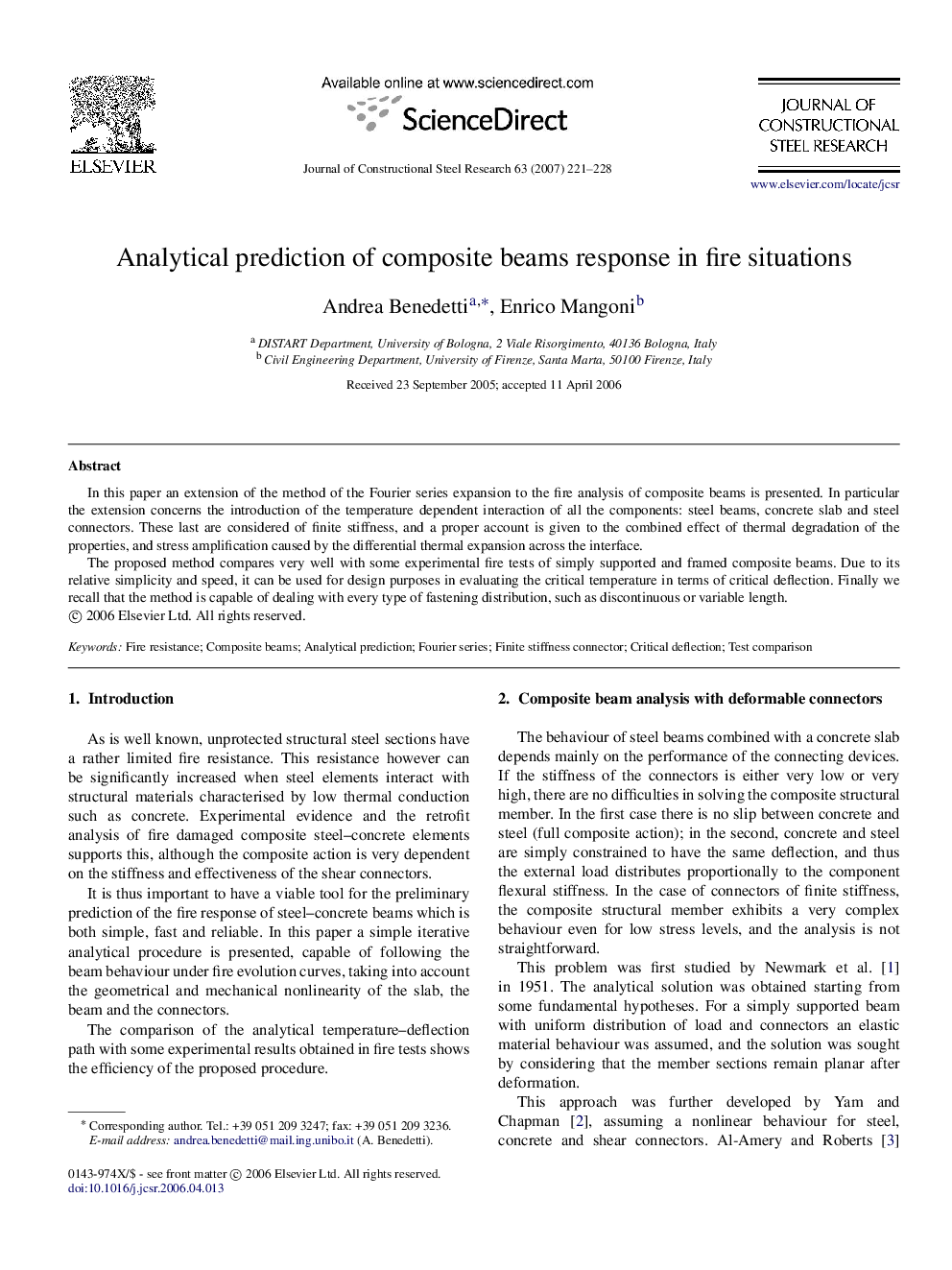 Analytical prediction of composite beams response in fire situations