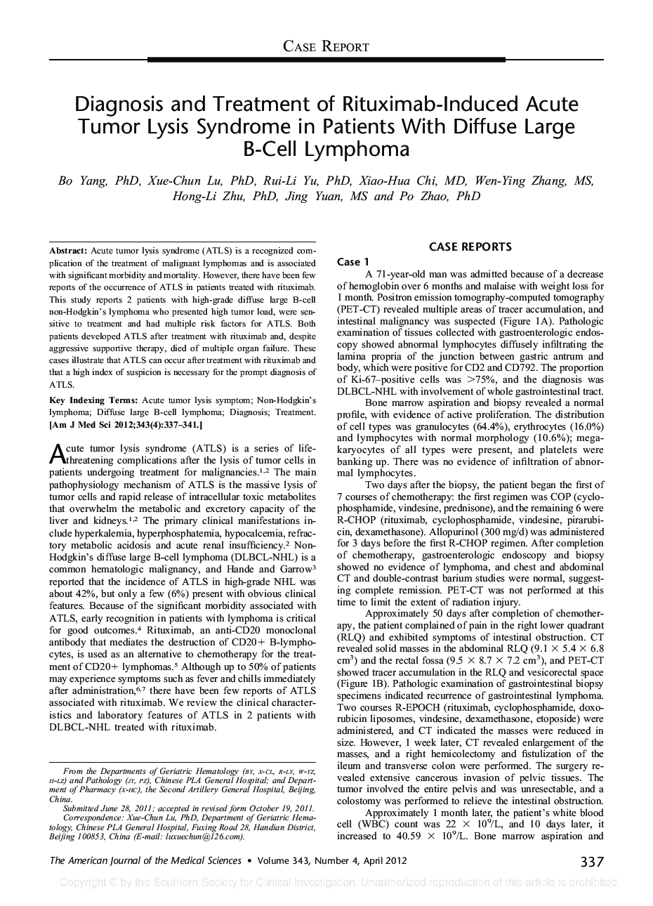 Diagnosis and Treatment of Rituximab-Induced Acute Tumor Lysis Syndrome in Patients With Diffuse Large B-Cell Lymphoma