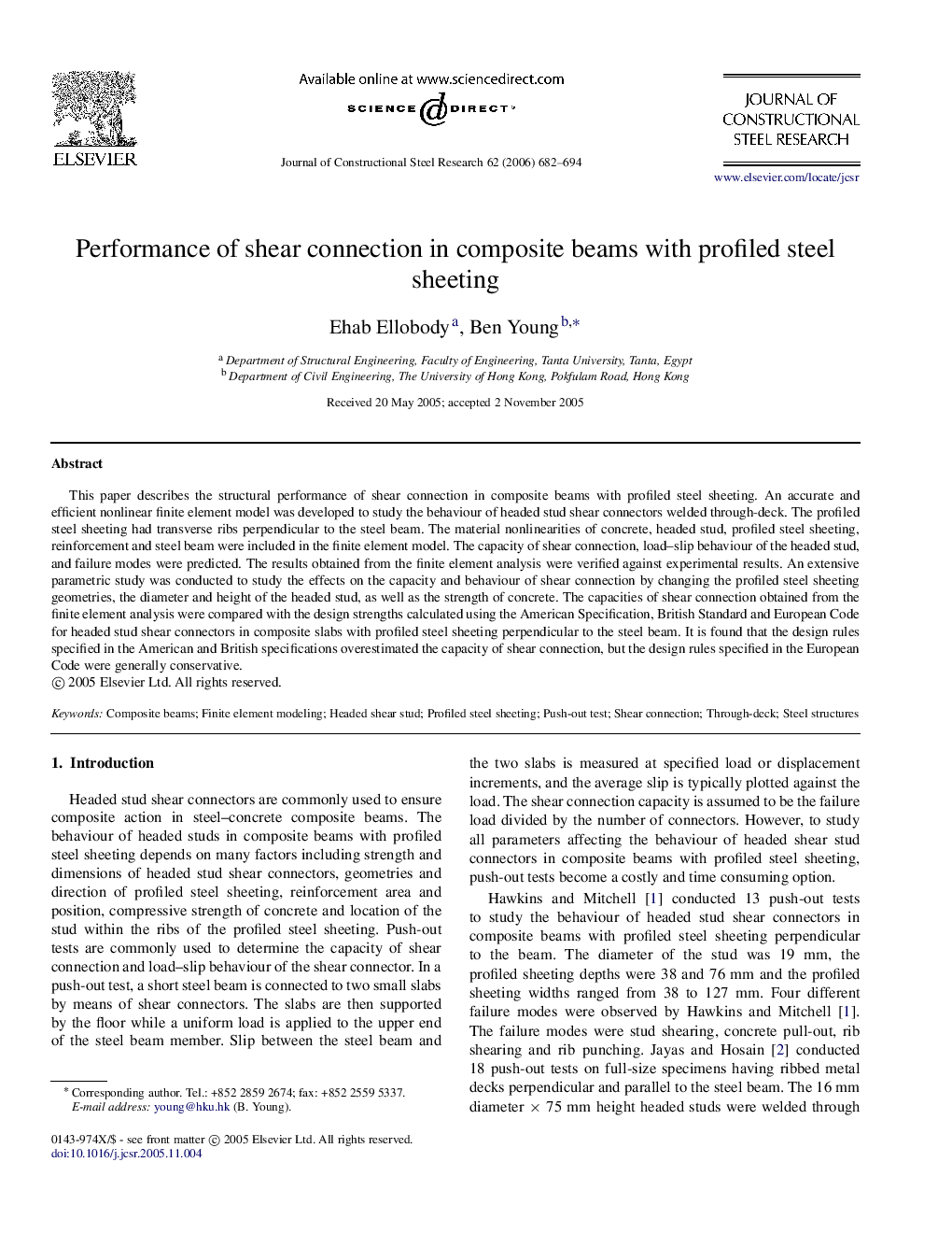 Performance of shear connection in composite beams with profiled steel sheeting