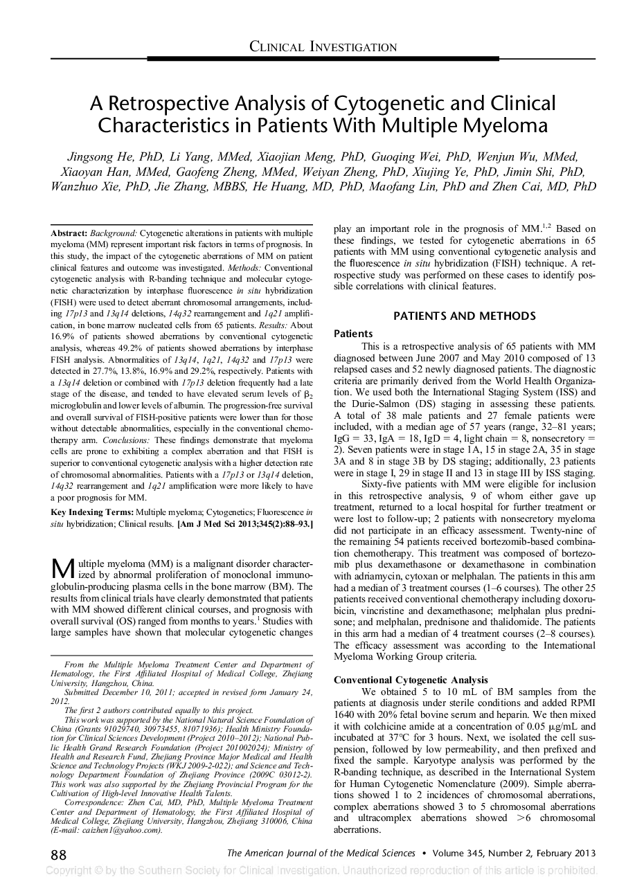 A Retrospective Analysis of Cytogenetic and Clinical Characteristics in Patients With Multiple Myeloma 