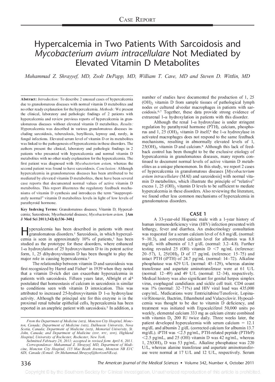 Hypercalcemia in Two Patients With Sarcoidosis and Mycobacterium avium intracellulare Not Mediated by Elevated Vitamin D Metabolites