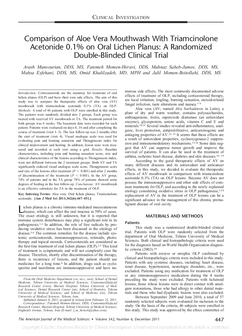 Comparison of Aloe Vera Mouthwash With Triamcinolone Acetonide 0.1% on Oral Lichen Planus: A Randomized Double-Blinded Clinical Trial