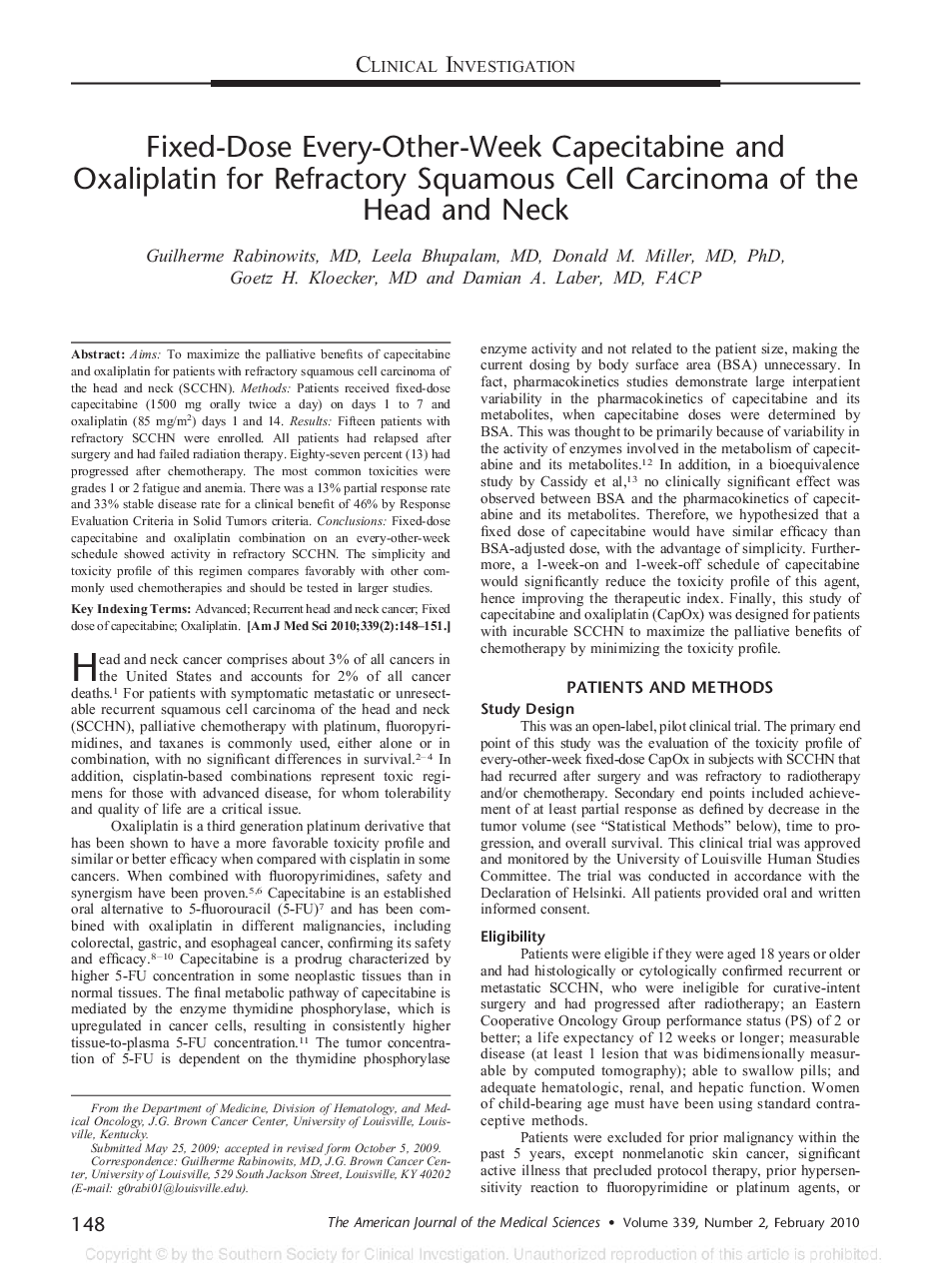 Fixed-Dose Every-Other-Week Capecitabine and Oxaliplatin for Refractory Squamous Cell Carcinoma of the Head and Neck