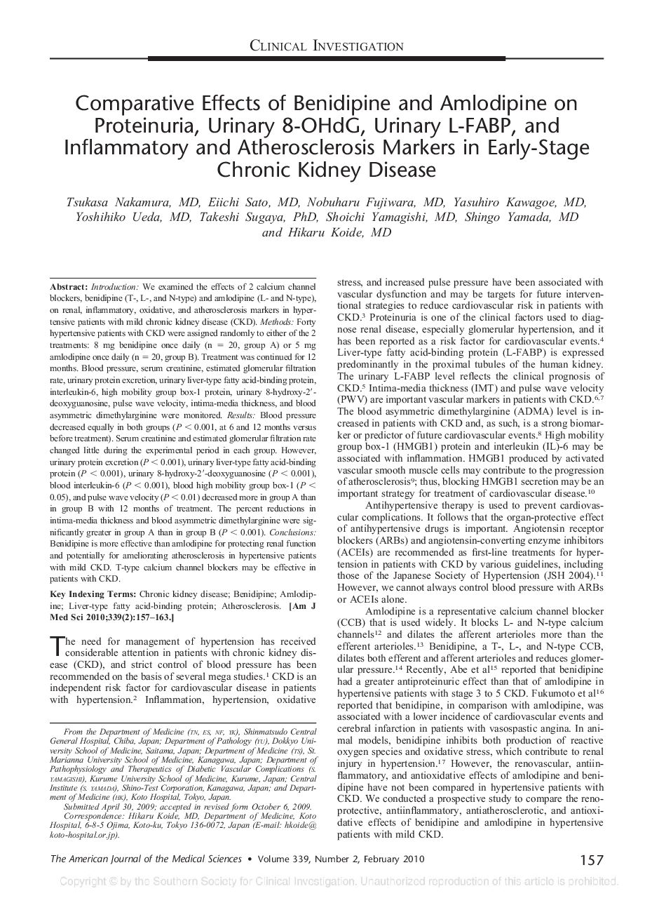 Comparative Effects of Benidipine and Amlodipine on Proteinuria, Urinary 8-OHdG, Urinary L-FABP, and Inflammatory and Atherosclerosis Markers in Early-Stage Chronic Kidney Disease