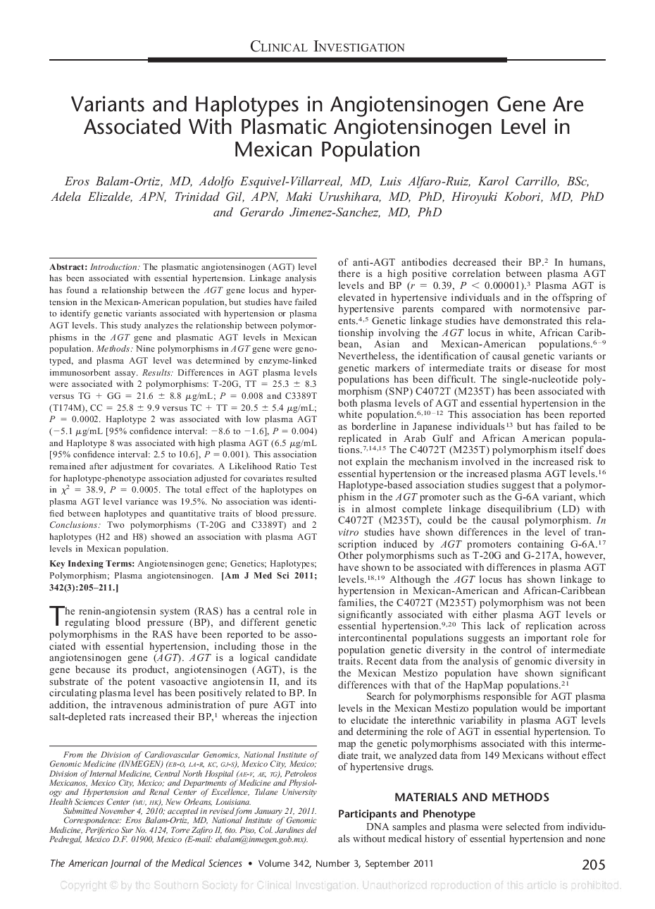 Variants and Haplotypes in Angiotensinogen Gene Are Associated With Plasmatic Angiotensinogen Level in Mexican Population